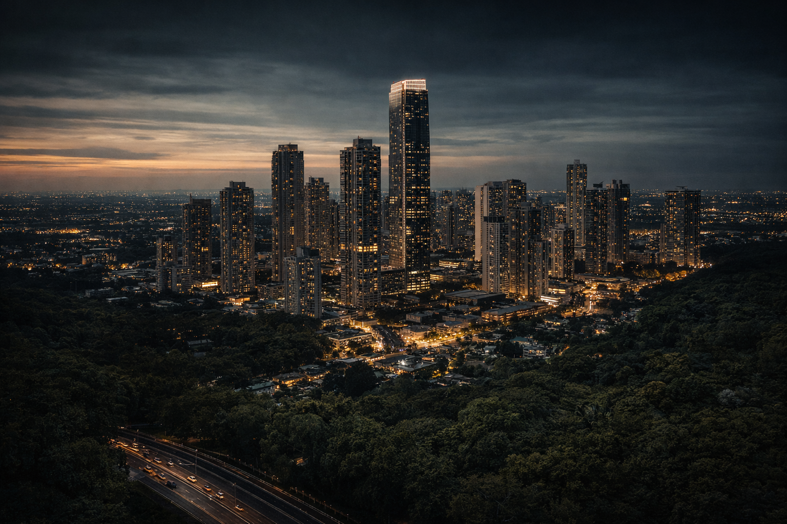 City skyline at dusk